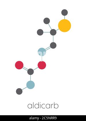 Aldicarb pesticide molecule. Stylized skeletal formula (chemical structure): Atoms are shown as color-coded circles: hydrogen (hidden), carbon (grey), oxygen (red), nitrogen (blue), sulfur (yellow). Stock Photo