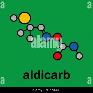 Aldicarb pesticide molecule. Stylized skeletal formula (chemical structure): Atoms are shown as color-coded circles: hydrogen (hidden), carbon (grey), oxygen (red), nitrogen (blue), sulfur (yellow). Stock Photo