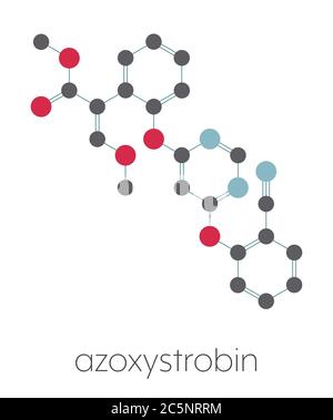 Azoxystrobin fungicide molecule. Stylized skeletal formula (chemical structure): Atoms are shown as color-coded circles: hydrogen (hidden), carbon (grey), nitrogen (blue), oxygen (red). Stock Photo