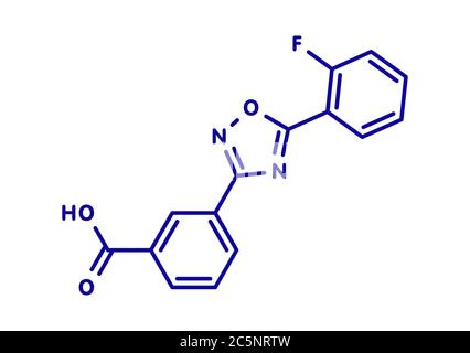 Ataluren genetic disorder drug. Used in treatment of cystic fibrosis and Duchenne muscular dystrophy. Thought to work by making ribosomes skip stop codons. Skeletal formula. Stock Photo