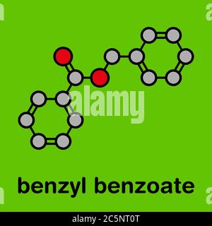 Benzyl benzoate drug molecule. Used as acaricide, scabicide, etc. Stylized skeletal formula (chemical structure): Atoms are shown as color-coded circles: hydrogen (hidden), carbon (grey), oxygen (red). Stock Photo