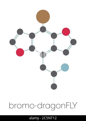 Bromo-dragonFLY hallucinogenic drug molecule. Stylized skeletal formula (chemical structure): Atoms are shown as color-coded circles: hydrogen (hidden), carbon (grey), nitrogen (blue), oxygen (red), bromine (brown). Stock Photo