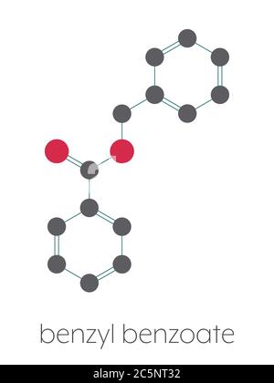 Benzyl benzoate drug molecule. Used as acaricide, scabicide, etc. Stylized skeletal formula (chemical structure): Atoms are shown as color-coded circles: hydrogen (hidden), carbon (grey), oxygen (red). Stock Photo