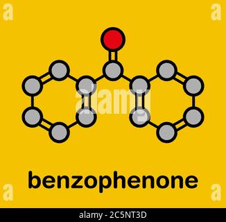 Benzophenone molecule. Stylized skeletal formula (chemical structure): Atoms are shown as color-coded circles: hydrogen (hidden), carbon (grey), oxygen (red). Stock Photo