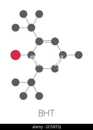 Butylated hydroxytoluene (BHT) antioxidant molecule. Stylized skeletal formula (chemical structure): Atoms are shown as color-coded circles: hydrogen (hidden), carbon (grey), oxygen (red). Stock Photo