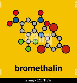 Bromethalin rodenticide molecule (rat poison). Stylized skeletal formula (chemical structure): Atoms are shown as color-coded circles: hydrogen (hidden), carbon (grey), nitrogen (blue), oxygen (red), bromine (brown), fluorine (cyan). Stock Photo
