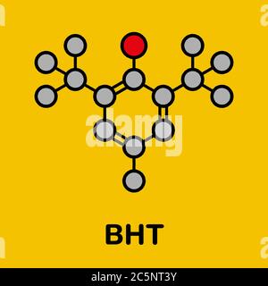 Butylated hydroxytoluene (BHT) antioxidant molecule. Stylized skeletal formula (chemical structure): Atoms are shown as color-coded circles: hydrogen (hidden), carbon (grey), oxygen (red). Stock Photo