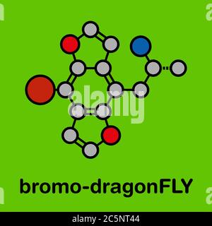 Bromo-dragonFLY hallucinogenic drug molecule. Stylized skeletal formula (chemical structure): Atoms are shown as color-coded circles: hydrogen (hidden), carbon (grey), nitrogen (blue), oxygen (red), bromine (brown). Stock Photo