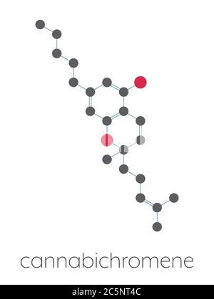 Cannabichromene or CBC cannabinoid molecule. Stylized skeletal formula (chemical structure): Atoms are shown as color-coded circles: hydrogen (hidden), carbon (grey), oxygen (red). Stock Photo