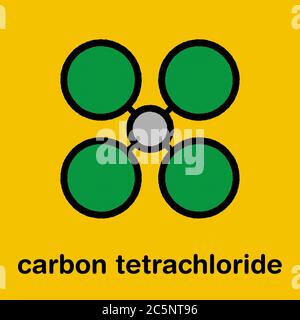 Carbon tetrachloride (tetrachloromethane) solvent molecule. Stylized skeletal formula (chemical structure): Atoms are shown as color-coded circles: hydrogen (hidden), carbon (grey). Stock Photo