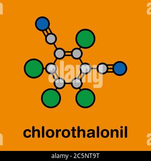 Chlorothalonil pesticide molecule. Stylized skeletal formula (chemical structure): Atoms are shown as color-coded circles: carbon (grey), nitrogen (blue), chlorine (green). Stock Photo