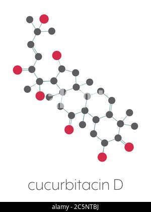 Cucurbitacin D bitter molecule. Stylized skeletal formula (chemical structure): Atoms are shown as color-coded circles: hydrogen (hidden), carbon (grey), oxygen (red). Stock Photo