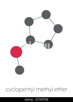 Cyclopentyl methyl ether solvent molecule Stylized skeletal formula (chemical structure): Atoms are shown as color-coded circles: hydrogen (hidden), carbon (grey), oxygen (red). Stock Photo