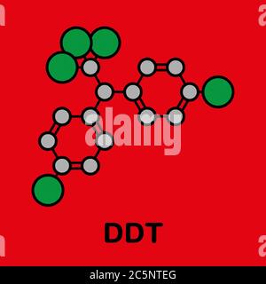 DDT (dichlorodiphenyltrichloroethane) molecule. Controversial pesticide, used in agriculture and for malaria disease vector control. Stylized skeletal formula (chemical structure): Atoms are shown as color-coded circles: hydrogen (hidden), carbon (grey), chlorine (green). Stock Photo