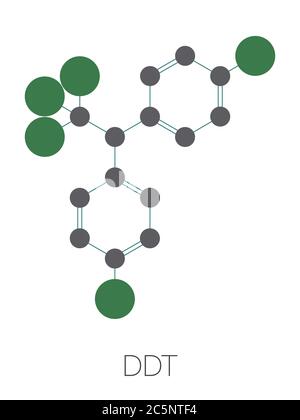 DDT (dichlorodiphenyltrichloroethane) molecule. Controversial pesticide, used in agriculture and for malaria disease vector control. Stylized skeletal formula (chemical structure): Atoms are shown as color-coded circles: hydrogen (hidden), carbon (grey), chlorine (green). Stock Photo