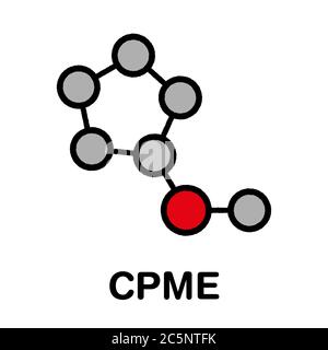 Cyclopentyl methyl ether solvent molecule Stylized skeletal formula (chemical structure): Atoms are shown as color-coded circles: hydrogen (hidden), carbon (grey), oxygen (red). Stock Photo