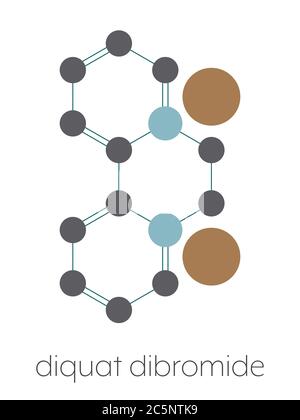 Diquat dibromide contact herbicide molecule. Stylized skeletal formula (chemical structure): Atoms are shown as color-coded circles: hydrogen (hidden), carbon (grey), nitrogen (blue), bromine (brown). Stock Photo