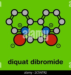 Diquat dibromide contact herbicide molecule. Stylized skeletal formula (chemical structure): Atoms are shown as color-coded circles: hydrogen (hidden), carbon (grey), nitrogen (blue), bromine (brown). Stock Photo