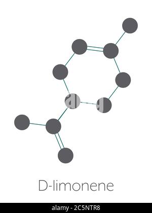 Limonene (D-limonene) citrus scent molecule. Stylized skeletal formula (chemical structure): Atoms are shown as color-coded circles: hydrogen (hidden), carbon (grey). Stock Photo