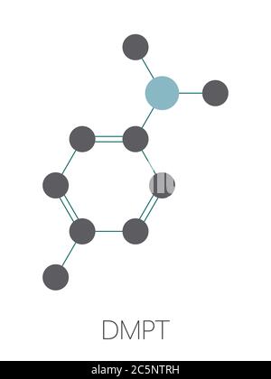 N,N-dimethyl-p-toluidine (DMPT) molecule. Commonly used as catalyst in the production of polymers and in dental materials and bone cements. Stylized skeletal formula (chemical structure): Atoms are shown as color-coded circles: hydrogen (hidden), carbon (grey), oxygen (red), nitrogen (blue). Stock Photo