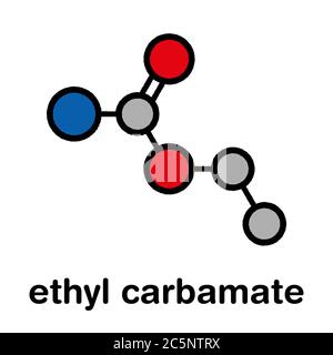 Ethyl carbamate carcinogenic molecule. Present in fermented food and beverages and especially in distilled beverages. Stylized skeletal formula (chemical structure): Atoms are shown as color-coded circles: hydrogen (hidden), carbon (grey), nitrogen (blue), oxygen (red). Stock Photo