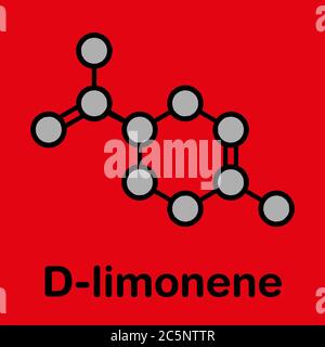 Limonene (D-limonene) citrus scent molecule. Stylized skeletal formula (chemical structure): Atoms are shown as color-coded circles: hydrogen (hidden), carbon (grey). Stock Photo