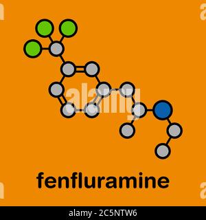 Fenfluramine weight loss drug molecule (withdrawn). Stylized skeletal formula (chemical structure): Atoms are shown as color-coded circles: hydrogen (hidden), oxygen (red), nitrogen (blue), fluorine (cyan). Stock Photo