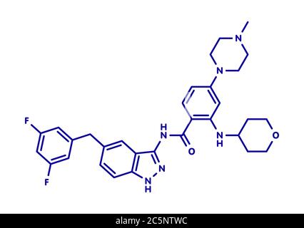 Entrectinib cancer drug molecule. Skeletal formula. Stock Photo