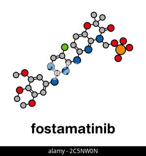 Fostamatinib rheumatoid arthritis drug molecule (Syk inhibitor). Stylized skeletal formula (chemical structure): Atoms are shown as color-coded circles: hydrogen (hidden), carbon (grey), nitrogen (blue), oxygen (red), fluorine (cyan), phosphorus (orange). Stock Photo