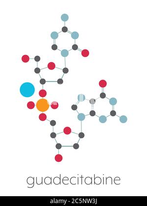 Guadecitabine cancer drug molecule (DNA methyltransferase inhibitor). Stylized skeletal formula (chemical structure): Atoms are shown as color-coded circles: hydrogen (white), carbon (grey), nitrogen (blue), oxygen (red), phosphorus (orange). Stock Photo