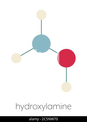 Hydroxylamine molecule. Stylized skeletal formula (chemical structure): Atoms are shown as color-coded circles: hydrogen (beige), oxygen (red), nitrogen (blue). Stock Photo