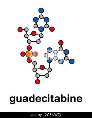 Guadecitabine cancer drug molecule (DNA methyltransferase inhibitor). Stylized skeletal formula (chemical structure): Atoms are shown as color-coded circles: hydrogen (white), carbon (grey), nitrogen (blue), oxygen (red), phosphorus (orange). Stock Photo