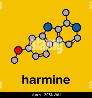 Harmine alkaloid molecule. Herbal inhibitor of monoamine oxidase A. (MAO-A). Stylized skeletal formula (chemical structure): Atoms are shown as color-coded circles: hydrogen (hidden), carbon (grey), oxygen (red), nitrogen (blue). Stock Photo