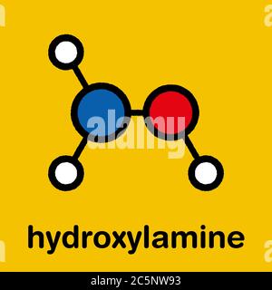 Hydroxylamine molecule. Stylized skeletal formula (chemical structure): Atoms are shown as color-coded circles: hydrogen (white), oxygen (red), nitrogen (blue). Stock Photo