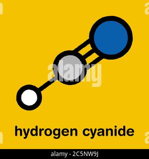 Hydrogen cyanide (HCN) poison molecule. Has typical almond-like odour. Stylized skeletal formula (chemical structure): Atoms are shown as color-coded circles: hydrogen (white), carbon (grey), nitrogen (blue). Stock Photo