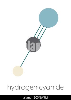 Hydrogen cyanide (HCN) poison molecule. Has typical almond-like odour. Stylized skeletal formula (chemical structure): Atoms are shown as color-coded circles: hydrogen (beige), carbon (grey), nitrogen (blue). Stock Photo