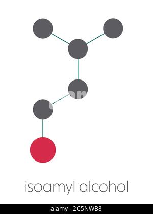 Isoamyl alcohol molecule. Stylized skeletal formula (chemical structure): Atoms are shown as color-coded circles: hydrogen (hidden), carbon (grey), oxygen (red). Stock Photo