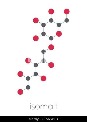Isomalt sugar substitute molecule (one of two components shown). Stylized skeletal formula (chemical structure): Atoms are shown as color-coded circles: hydrogen (hidden), carbon (grey), oxygen (red). Stock Photo