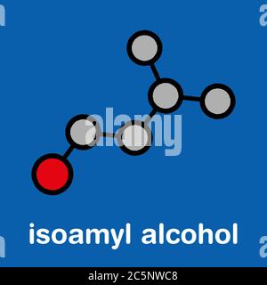 Isoamyl alcohol molecule. Stylized skeletal formula (chemical structure): Atoms are shown as color-coded circles: hydrogen (hidden), carbon (grey), oxygen (red). Stock Photo