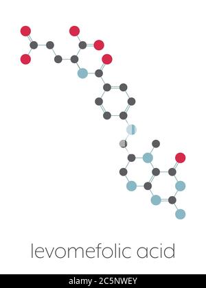 Levomefolic acid or 5-methyltetrahydrofolate molecule. Stylized skeletal formula (chemical structure): Atoms are shown as color-coded circles: hydrogen (hidden), carbon (grey), oxygen (red), nitrogen (blue). Stock Photo