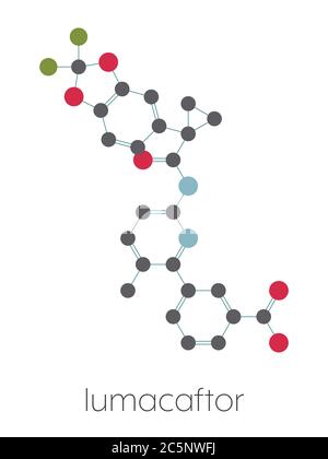 Lumacaftor cystic fibrosis drug molecule. Stylized skeletal formula (chemical structure): Atoms are shown as color-coded circles: hydrogen (hidden), carbon (grey), nitrogen (blue), oxygen (red), fluorine (cyan). Stock Photo