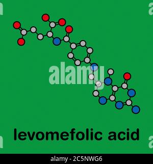 Levomefolic acid or 5-methyltetrahydrofolate molecule. Stylized skeletal formula (chemical structure): Atoms are shown as color-coded circles: hydrogen (hidden), carbon (grey), oxygen (red), nitrogen (blue). Stock Photo