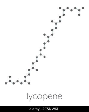 Lycopene red tomato pigment molecule. Stylized skeletal formula (chemical structure): Atoms are shown as color-coded circles: hydrogen (hidden), carbon (grey). Stock Photo