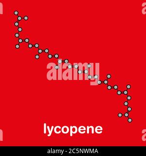 Lycopene red tomato pigment molecule. Stylized skeletal formula (chemical structure): Atoms are shown as color-coded circles: hydrogen (hidden), carbon (grey). Stock Photo