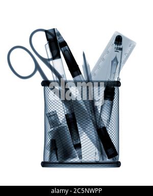 Pen pot containing stationery items, X-ray. Stock Photo