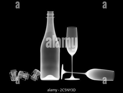 Sparkling wine bottle with glasses and corks, X-ray. Stock Photo