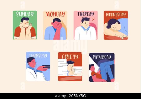 Emotional calendar of feelings with character. Different emotions week day Sad on Monday thoughtful on Tuesday. Stock Vector