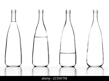 Bottles of water with different quantity of water Stock Photo