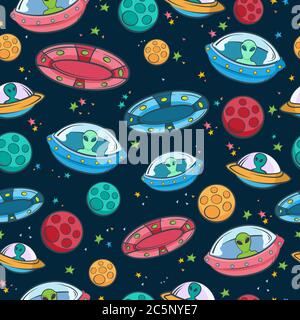 UFO pattern seamless. Space colored ships with green aliens mysterious stars with planets. Stock Vector