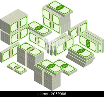 Vector illustration big pile of dollars cash. Concept of big money. Vector isometric illustration in flat style. American dollars, pack, parcel, batch Stock Vector